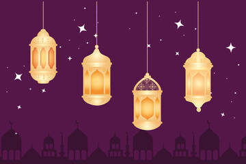 Wall Mural - eid al adha mubarak, happy sacrifice feast, with lanterns hanging and silhouette arabia city vector illustration design