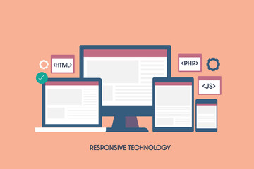 Responsive web design and development strategy, web design programming and coding for cross device responsive website and app technology.  Web banner with text.