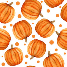 Seamless Watercolor Hand Drawn Pattern On Orange Polka Dot Background Ripe Organic Pumpkin Squashes. For Halloween Thanksgiving Design Paper Textile Harvest Celebration Fall Autumn Season.