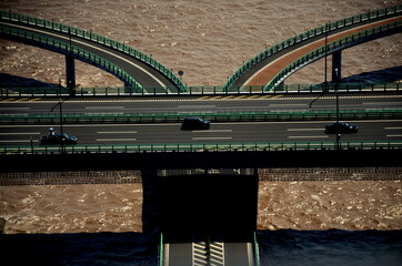 Hangzhou,CHINA - August 2, 2019: Different View of Hangzhou Bay Bridge from watching tower.a highway bridge with a cable-stayed portion across Hangzhou Bay in the eastern coastal region of China