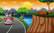 Cartoon Bunnies Riding A Car Along The Road