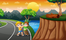 Illustration Of Two Boys Fighting On The Side Of Road