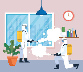 Wall Mural - home disinfection by commercial disinfecting service, disinfectant workers with protective suit and spray prevent covid 19 vector illustration design