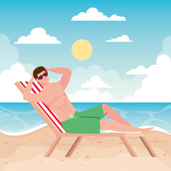 Poster - man lying on beach chair, summer vacation season vector illustration design