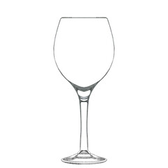 Wine glass isolated on white. Hand drawn illustration. Pencil sketch of empty glassware for alcohol drink. Design element for bar and restaurant menu, recipes, flyers.