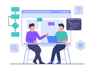 Wall Mural - man programmer collaboration with partner work on laptop create project design website with flat car