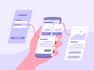 Wall Mural - hand holding smart phone demonstration dashboard prototype mobile app with flat cartoon style.