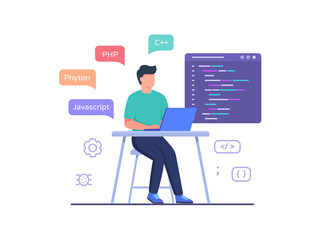 Wall Mural - software engineer sit in chair working on laptop use programming language code with flat cartoon sty