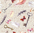 © zzorik - Feathers, butterflies and keys background, paper texture with handwritten text . Watercolour vintage seamlesss pattern