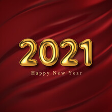 3D Realistic Golden Inscription Balloon 2021 On A Red Silk Background. Golden Metallic Text New Year For Banner Design. Template From Texture Fabric And Foil. Vector 
