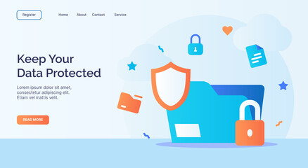 Keep your data protected file shield padlock icon campaign for web website home page landing template with cartoon style.