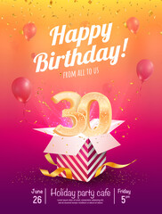 Wall Mural - 30 years anniversary vector banner template. Thirty years jubilee with balloons and confetti on a bright background. 