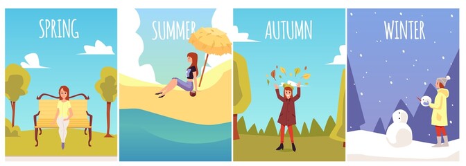 Wall Mural - Set of four seasons posters with young woman outdoors flat vector illustration.