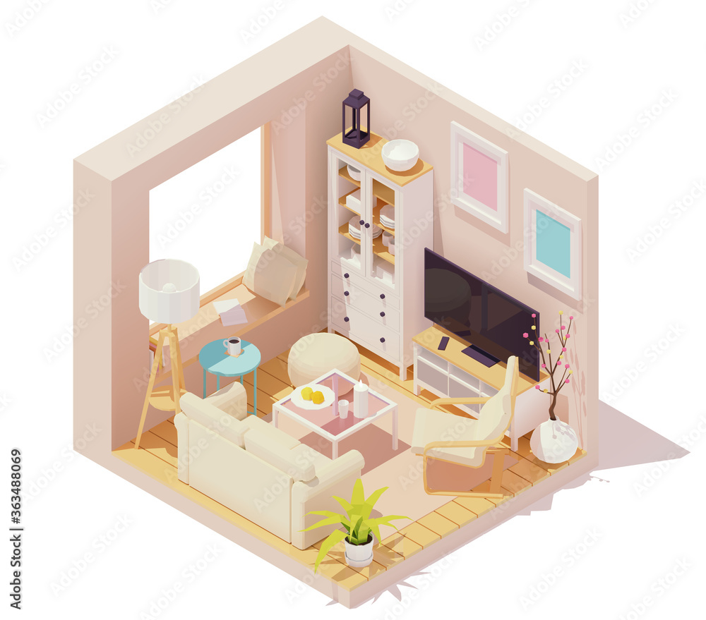 Vector isometric living room interior with sofa, coffee table, tv and ...