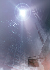 Wall Mural - flying saucer flying on a foggy night city with light rays exploring our earth to invade or abduct -