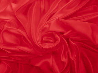 Beautiful elegant wavy hot red satin silk luxury cloth fabric texture, abstract background design. Wallpaper, banner or card with copy space.
