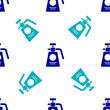 © Kostiantyn - Blue Garden sprayer for water, fertilizer, chemicals icon isolated seamless pattern on white background. Vector Illustration.
