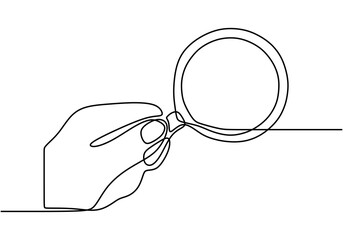 Wall Mural - Hand hold magnifier drawn by one line. Single line drawing. Continuous line with minimalist design isolated in one white background.