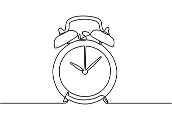 One line drawing of a alarm clock vector illustration with minimalist design isolated in one white background