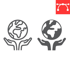 Save the planet line and glyph icon, earth and ecology, earth in hands sign vector graphics, editable stroke linear icon, eps 10.