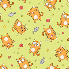 Wall Mural - Vector seamless pattern with cute red cat, funny happy cats background