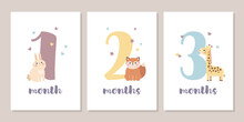 Cute Baby Month Anniversary Card With Numbers And Animals, 1 - 12 Months, Vector Illustration