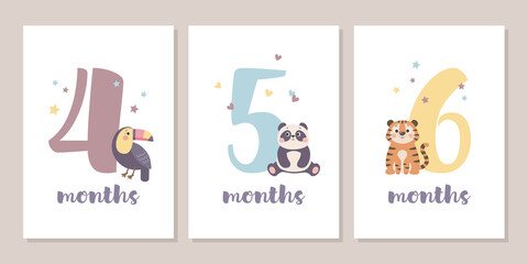 Wall Mural - Cute baby month anniversary card with numbers and animals, 1 - 12 months, vector illustration