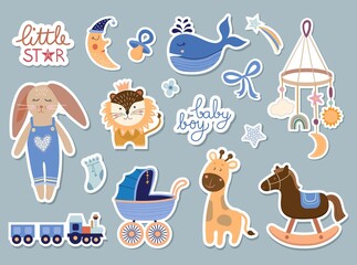 Wall Mural - Baby boy elements collection, baby shower stickers set, trendy design