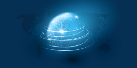 Abstract Blue Minimal Style Cloud Computing, Networks Structure, Telecommunications Concept Design, Network Connections, Transparent Wire Frame Globe, Geometric Mesh - Vector Illustration