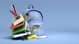 Fototapeta  - online learning concept Blue backpack with school supplies 3d render on blue gradient