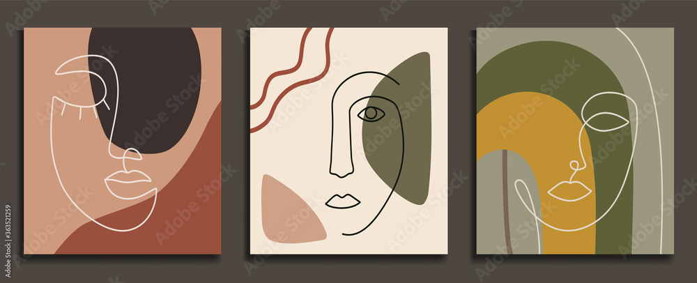 Abstract backgrounds with minimal shapes and line art faces. Esp10 vector templates. - obrazy, fototapety, plakaty 