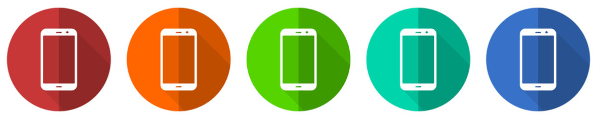 Aufkleber - Smartphone icon set, red, blue, green and orange flat design web buttons isolated on white background, vector illustration