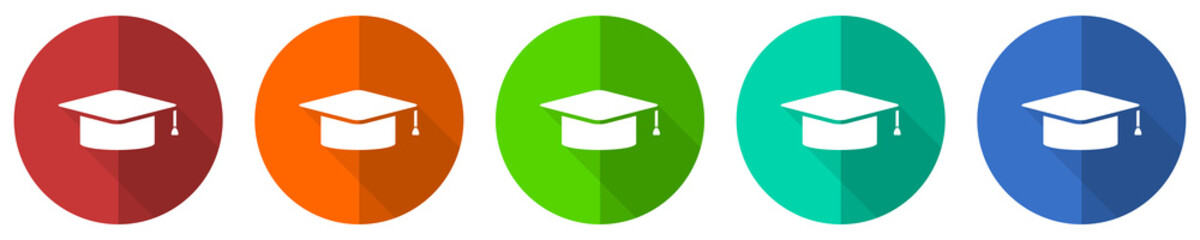 Poster - Graduation icon set, cap, education, red, blue, green and orange flat design web buttons isolated on white background, vector illustration