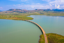 Aerial View: The Road Bridge Over The Tugela River Below Woodstock Dam Wall Near Bergville In The Kwazulu-Natal Province
