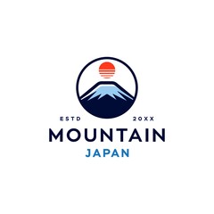 fuji mountain logo illustration with sun icin design in trendy badge style