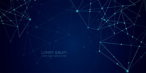 Abstract technology Network nodes with polygonal shapes on dark blue Vector background. Connection science and futuristic technology, digital structure, connected points, web.