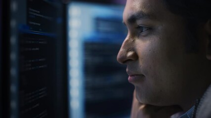 Poster - Confident Handsome Man Looks at Monitor Screen with Camera Moving to Computer Screen Showing Data, Infographics, Information, Statistics, Numbers. Businessman Working on Computer in the Office