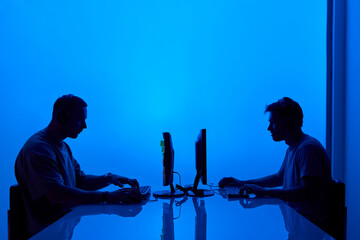 Team of programmers write software code for game or antivirus. Photography for ad IT technology