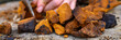 pile pieces of sliced and peeled chaga mushroom birch fungus are stacked against the background of men's hands with axe. step by step. banner
