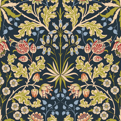 vintage flowers and foliage seamless ornament on dark background. vector illustration.