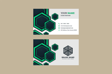 Wall Mural - Hexagonal dark and light Green gradient Color of Professional Business Card use horizontal layout. abstract hexagon ornament pattern. white and grey background.