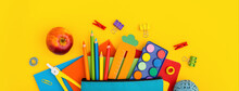 School Supplies And Pencil Case. Back To School Concept.	
