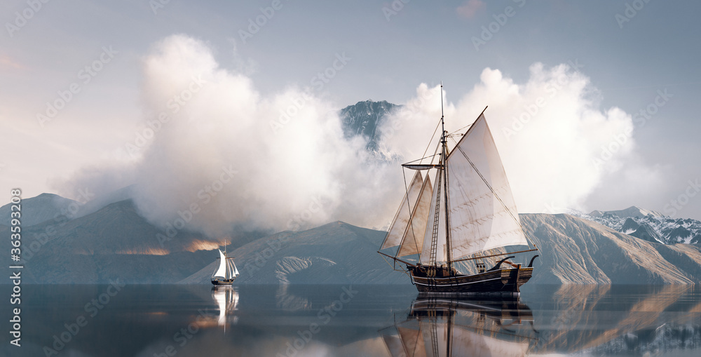 Old historical sailboat on an adventure journey to unexplored land. 3d rendering concept. - obrazy, fototapety, plakaty 