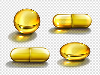 Gold oil capsules, vitamine round and oval pills. Cosmetics, omega 3 golden bubbles, antibiotic gel, serum droplets or collagen essence isolated on transparent background, realistic 3d vector set