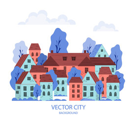 Vector illustration of a cityscape with buildings and trees. Cartoon style city on a white isolated background. Panorama of the city. Abstract background for images, website headers, banners, covers.