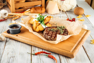 Wall Mural - Ribeye beef steak with baked potatoes  sour cream