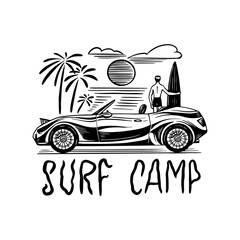 Wall Mural - Surf camp badge, Vintage Surfer logo. Retro car. Summer California. Man on the surfboard. Engraved emblem hand drawn. Banner or poster.