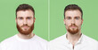 © ViDi Studio - Before after photo shot of stylish young bearded man guy 20s in white t-shirt get trendy beard haircut look camera isolated on green background studio portrait. People lifestyle barber shop concept.