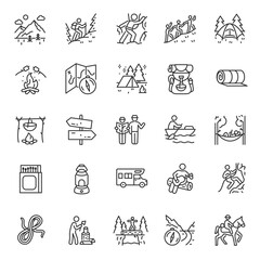 camping, hiking, icon set. outdoor leisure and overnight. attributes for walking, backpacking, linea