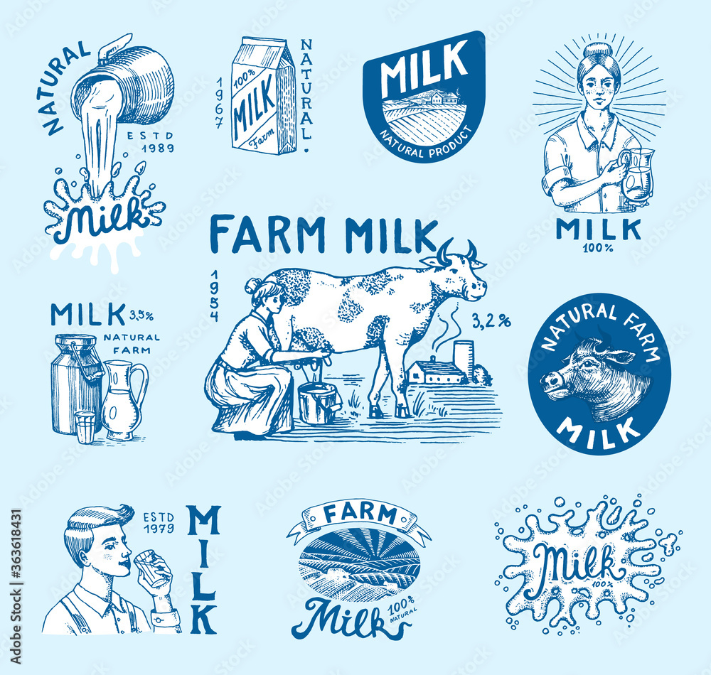 Milk set. Cow and woman farmer, milkmaid and jug, blot and bottles, packaging and meadow, man holds a glass. Vintage logo for shop. Badge for t-shirts. Hand Drawn engrave sketch. Vector illustration. - obrazy, fototapety, plakaty 
